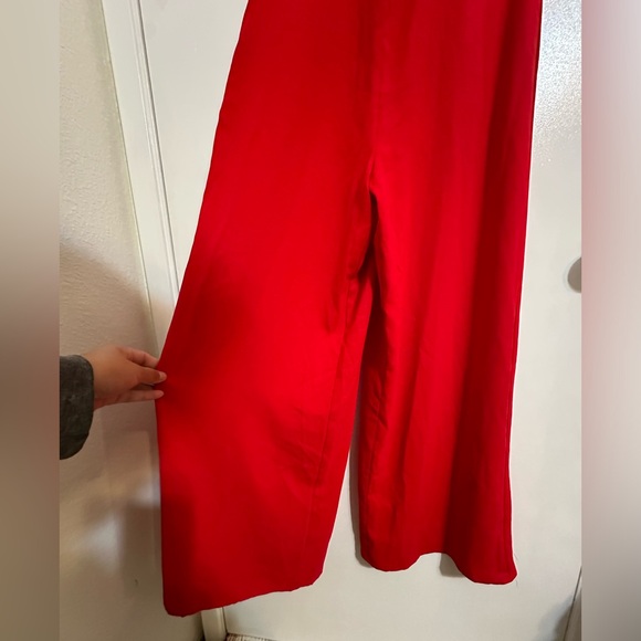 NWT LULUS Cherry Red Criss Cross Bodice Cutout Surplice Wide Leg Jumpsuit - Picture 9 of 13